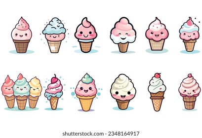 vector character of cute ice cream. smile cartoon character art, Cartoon kawaii ice cream cone
