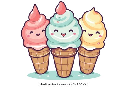 personaje vectorial de helado lindo. dibujo de personajes de dibujos animados de sonrisa, cono de helados de cartoon kawaii
