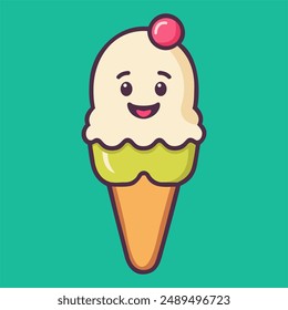 Personaje de Vector de helado lindo. arte de caricatura de la sonrisa, cono de helado kawaii de dibujos animados