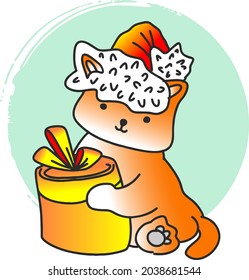 Vector character of a cute kitten in a Christmas cap who sits with a gift box.
