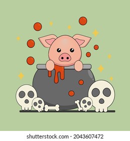 Vector character of cute pig in a poison pot with skull 