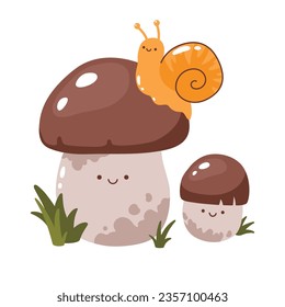 Vector character of cute porcini mushroom with a snail. Illustration isolated on white background