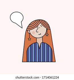 vector character is a cute red-haired girl in a blue sweater with a speech cloud.