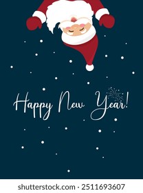 Vector character of cute Santa Claus jumping out of the top of the picture, lettering Happy New Year, tiny fireworks and snow. Marry Christmas and Happy New Year! For greeting card, invitation, poster