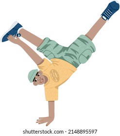 Vector character is dancing. A guy in a cap, yellow t-shirt, shorts and sneakers does a handstand. Summer street style.