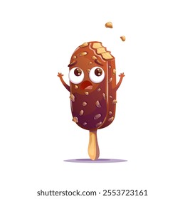 Vector character of a delicious ice cream with nuts, scared after being bitten. Fun and playful design, perfect for menus, packaging, stickers, or children's projects.