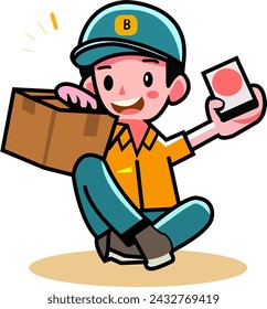 Personaje vectorial delyveryman con paquete en su mano listo enviar al cliente

