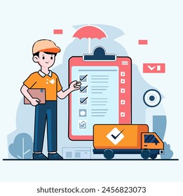 Vector character delyveryman with package on his hand ready send to customer

