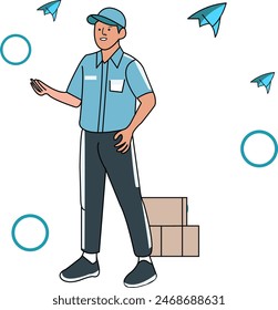 Vector character delyveryman with package on his hand ready send to customer

