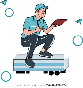 Vector personaje delyveryman con paquete en su mano listo enviar al Cliente

