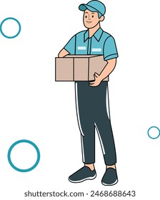 Vektorgrafik Charakter Deliyveryman mit Paket auf der Hand bereit zum Kunde senden

