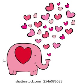 Vector character design banner drawing. Cute animal elephant with red and pink hearts blowing for Valentine's Day. Doodle cartoon style.