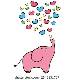 Vector character design banner drawing. Cute animal elephant with red, pink, blue hearts blowing for Valentine's Day. Doodle cartoon style.