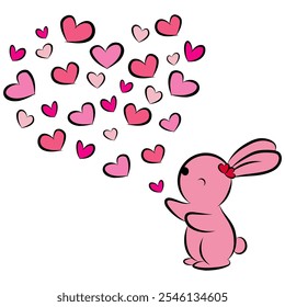 Vector character design banner drawing, rabbit, cute animal with red and pink hearts blowing for Valentine's Day, doodle cartoon style.