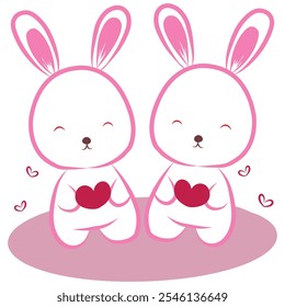 Vektorfigur Design Banner Zeichnung, Kaninchen, niedliches Tier, das ein rotes Herz hält, rosa Herz für Valentinstag, doodle Cartoon-Stil.