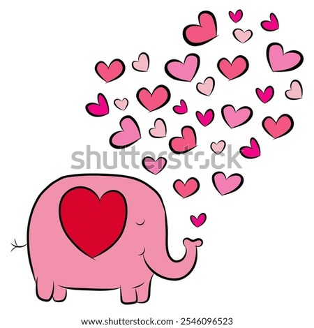 Vector character design banner drawing. Cute animal elephant with red and pink hearts blowing for Valentine's Day. Doodle cartoon style.