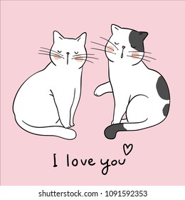 Vector character design couple love cats and word I love you on pink pastel.Draw doodle style.