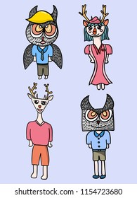Vector of Character Design Deer and owl illustration