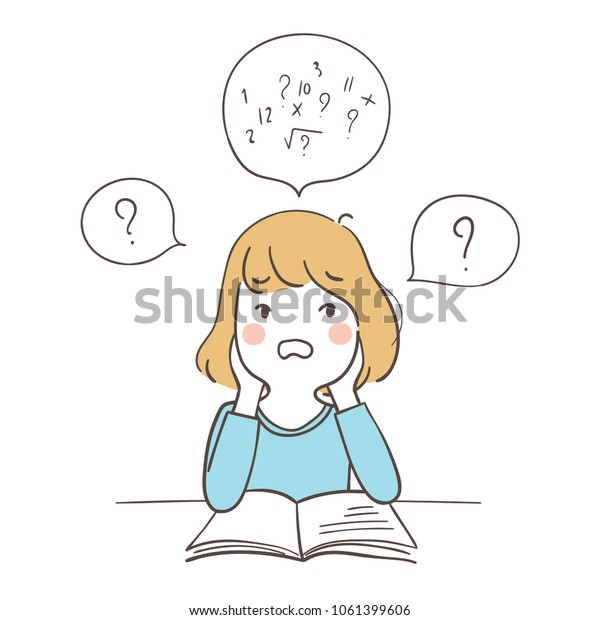 Vector character design. A girl\
confused about math. Isolated on white. Doodle cartoon\
style.