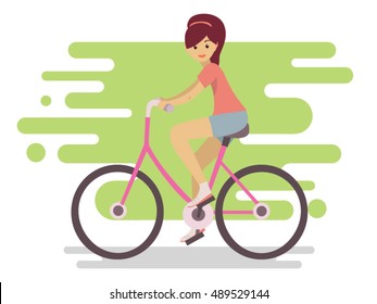 Vector character design on young woman riding bicycle. Stylish girl hipsters on bike, side view