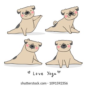 El diseño de los personajes vectoriales puso a los perros de pug divertidos jugando yoga. Aislado en blanco. Dibuja el estilo de doodle.