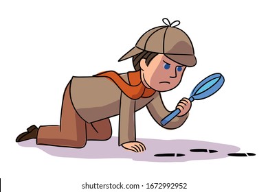 Vector Character Detective Boy Collects Evidence And Investigates Crime. Kid Dressed In Sherlock Holmes Suit Examines Footprints With Magnifying Glass. Profession For Child And Childhood Concept