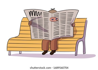 Vector character detective boy collects evidence and investigates crime. Kid in Sherlock Holmes suit sitting on bench and tracking through hole in newspaper. Profession for child and childhood concept