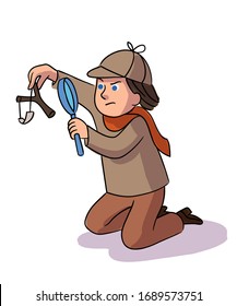 Vector Character Detective Boy Collects Evidence And Investigates Crime. Kid Dressed In Sherlock Holmes Suit Examines Slingshot With Magnifying Glass. Profession For Child And Childhood Concept