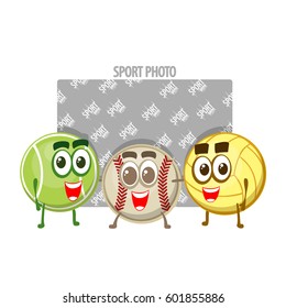 Vector character of different sport games. Sport balls. Isolated on white background. Baseball, tennis and volleyball.