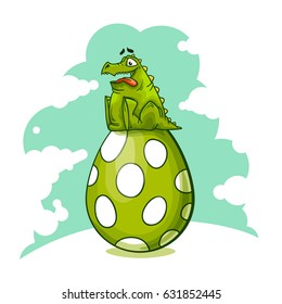 Vector character of dinosaur with sky and big green egg. Isolated on white background. 