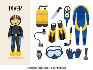 Vector character diver. Illustrations of diver equipment. Set of cartoon professions.