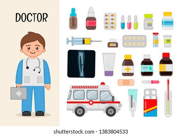 Vector character doctor. Illustrations of medicines. Set of cartoon professions.
