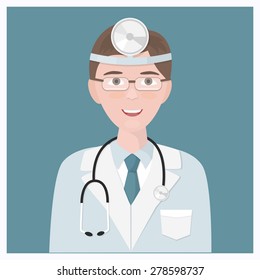 Vector character. The doctor isolated on blue background. Medical icon. The man in clothes of the doctor. ENT doctor. Vector cartoon illustration.