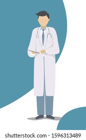 vector character of doctor in white suit with stethoscope tool with blue element design background