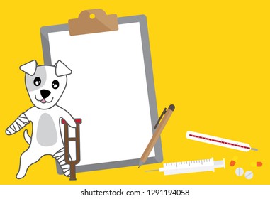 Vector character dog hurt, leg broken on white paper and equipment of veterinary
