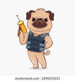 Vector character dog pug in body armor in cartoon style.