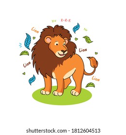 vector character drawing of a cute funny lion on a white background. Illustration with little lion