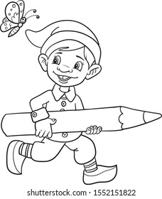 Vector character dwarf holds a pencil (black and white), coloring book.