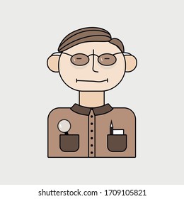Vector character - a egghead. A man with glasses, who has a magnifying glass, a pencil and a notebook in his pocket.