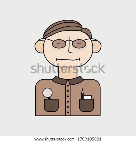 Vector character - a egghead. A man with glasses, who has a magnifying glass, a pencil and a notebook in his pocket.