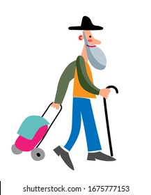 Vector character elderly man buy organic food. Old retired grandfather walking with stick and bag on wheels at seasonal outdoor farm local market. Concept of lifestyle, healthy food and eating habits