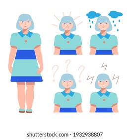 Vector character - an elderly woman. Set of granny's emotions. Joy, sadness, anger, surprise.  Emotional avatars stand out against a white background. Flat vector illustration in cartoon style.