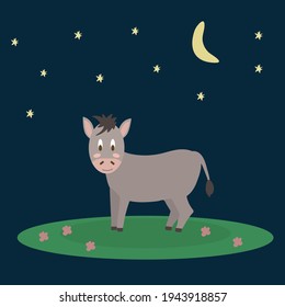Vector character farm animal. A donkey in a flat-style meadow. Isolated livestock poster on dark background. Vector illustration