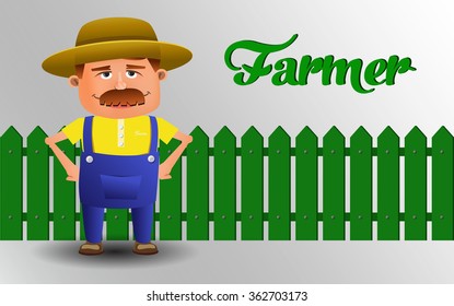 Vector Character Farmer Illustration. Fermer in blue overalls near a fence with copy space. Character of the Sweet Gardener in a Hat and Blue Pants.