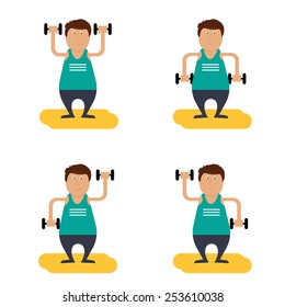 vector character. fat man with dumbbells doing  gymnastic