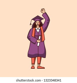Vector character of a female student in graduation gown. Flat style illustration 