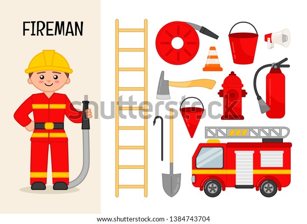 Vector character fireman.\
Illustrations of fireman equipment. Set of cartoon\
professions.