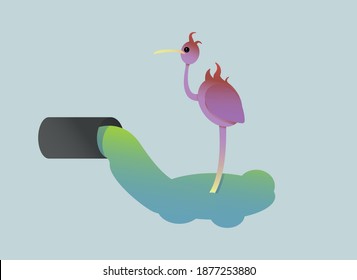 vector character flaming bird in a puddle of radioactive waste in the style of papercut