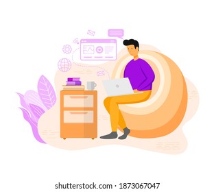 vector character with a flat design. a man is finishing his work using a laptop. a man operating a laptop at work
