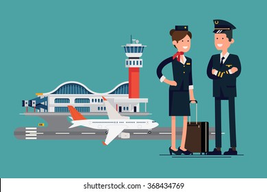 Vector character flat design on commercial civil pilot and flight attendant stewardess standing in front of airport with airliner plane on runway